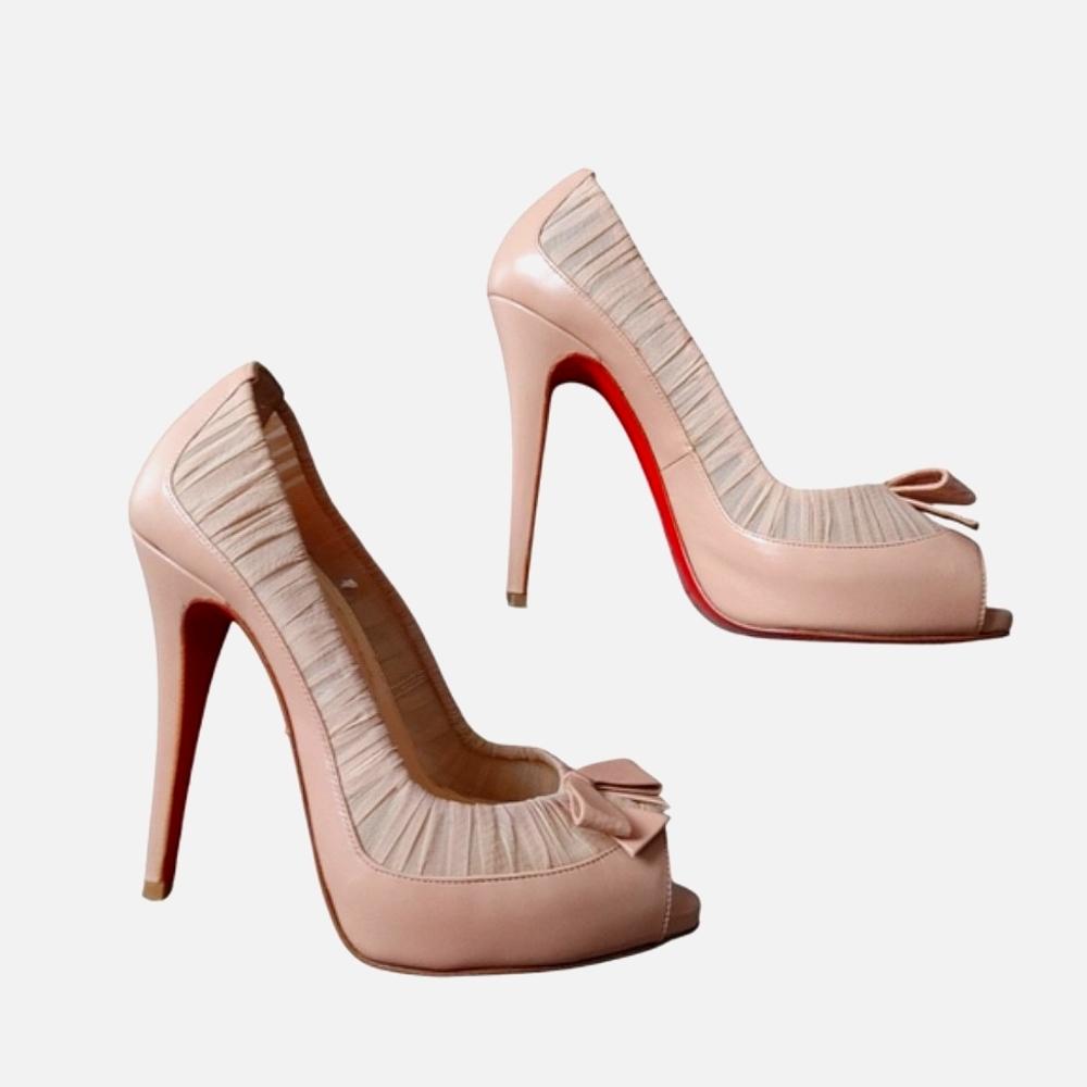Christian Louboutin Heel Pumps Beige Ribbon Lace Shoes - Picture 7 of 14
